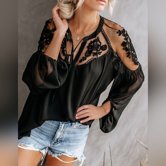 NEW Boho Embroidered Lace Sheer Bishop Sleeve Peasant Blouse Top Black - Picture 10 of 12